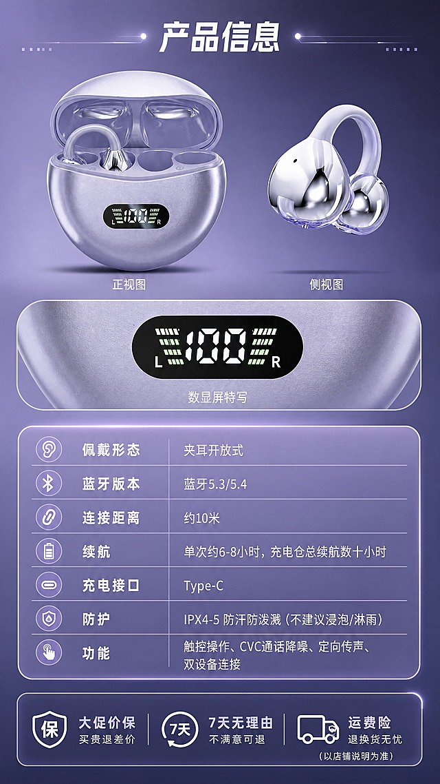 [商品] 使用【图1】日暮紫夹耳开放式蓝牙耳机：保留半透明磨砂紫充电仓、正面黑色数字电量屏（显示电量）、银色电镀发声单元与半透明紫色耳挂；去除得物水印、二维码与平台角标；左侧产品正侧视标准图。
[画面] 产品信息参数页：上下构图——上部产品正侧视标准图与数显屏特写，下部竖排参数表（字段名+内容分行），再底部售后保障条；深紫渐变科技底，圆角半透明参数卡与发光细线分隔。
[视觉] 套系策略：风格=轻奢科技运动风；标题字=现代无衬线粗体；正文字=简洁无衬线体；主色=半透明薰衣草紫；背景延展=深紫至浅紫的层次渐变与细腻磨砂光晕质感；强调色=电镀银白，仅用于高光线条、数据角标和小面积标签；标题色=白色；正文色=浅紫白；组件=圆角半透明信息卡、发光细线、数据角标；光影=冷调柔光+局部电镀高光。
[文字] 主标题'产品信息'，参数表横排分行：佩戴形态 夹耳开放式；蓝牙版本 蓝牙5.3/5.4；连接距离 约10米；续航 单次约6-8小时，充电仓总续航数十小时；充电接口 Type-C；防护 IPX4-5 防汗防泼溅（不建议浸泡/淋雨）；功能 触控操作、CVC通话降噪、定向传声、双设备连接；售后 大促价保、7天无理由、运费险（以店铺说明为准）；文字清晰可读。
[规格] 9:16竖版，4K分辨率；避免产品变形、错字、文字过小、竖排或旋转文字、得物水印残留、二维码、平台Logo、产品颜色改变。