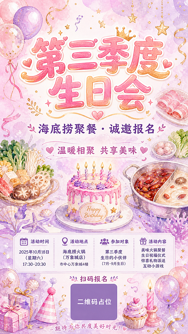 一张第三季度生日会海底捞聚餐报名海报，竖版9:16，手绘水彩风格，温柔梦幻有生日仪式感。画面主色调为温柔粉紫色调，浅粉、淡紫、薰衣草紫渐变晕染，搭配金色点缀，营造梦幻浪漫的生日派对氛围。背景是柔和的粉紫色水彩晕染效果，有气球、彩带、星星、生日蛋糕等生日元素的水彩插画点缀，还有火锅食材元素（如蔬菜、肉片、丸子等）以淡彩方式融入背景，呼应海底捞聚餐主题。画面中央偏上位置是大字号主标题"第三季度生日会"，字体圆润可爱，粉金色渐变；主标题下方是副标题"海底捞聚餐 · 诚邀报名"，字号稍小，深紫色。中间区域有简短信息："温暖相聚 共享美味"。画面底部有一个二维码报名区域，二维码区域使用纯色方块占位符呈现，方块中央标注"二维码占位"文字，严禁生成任何可识别的二维码图案，占位符上方有小字"扫码报名"。整体版式精美，排版层次分明，四周留有安全边距，文字清晰可读，氛围温柔梦幻，适合公司内部生日会邀请使用。画面中所有信息区域必须填充完整合理的内容，不得出现空白框、空白占位、横线待填写区域、空列表项、空单元格；确保是完整可用的成品海报而非待填写模板。