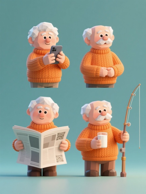 一组四个不同动作的3D卡通风格老年人角色集合，整体采用低多边形建模与平滑渲染技术，角色面部表情温和亲切，具有大而圆的眼睛、白色卷发和小胡子的共同特征，保留橙色毛衣的材质质感与针织纹理细节，以纯色背景规整排布；第一个角色双手握持手机举至胸前看手机，第二个角色双手展开报纸低头阅读，第三个角色双手捧着牛奶杯低头饮用，第四个角色手持钓鱼竿望向远方；每个角色姿态自然生动，整体画面色彩明快和谐，光影过渡柔……预览效果