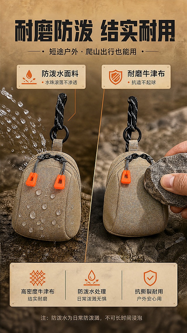 [商品] 使用【图1】卡其色多功能斜挎小包；商品处理：保留迷你立体小背包造型、双拉链橙色拉头、黑色圆环扣、黑白点纹挂绳、卡其色耐磨面料和整体结构；自然理顺面料褶皱，增强面料纹理质感、拉链五金光泽和缝线细节，不改变版型、颜色和结构。
[画面] 目标：耐磨防泼水功能演示。构图：左侧产品防泼水测试，细水珠喷淋在包身表面，水珠滚落不渗透，面料表面形成明显拒水效果；右侧耐磨测试示意，用粗糙岩石/砂纸摩擦面料局部，展示面料耐磨不起球；上方标题区，下方补充面料材质说明；背景为深卡其色渐变+岩石纹理，营造户外硬核感。阅读动线：顶部标题→左侧防泼水测试→右侧耐磨测试→底部材质说明。
[视觉] 套系策略：风格=山系机能户外商业摄影；标题字=粗黑体硬朗无衬线；正文字=简洁无衬线体；主色=卡其棕；背景延展=基于卡其棕做深浅层级、同色渐变和户外自然肌理（岩石/草地/帆布纹理）；强调色=荧光橙，仅用于小面积图标、引线、标签和拉链呼应；标题色=深炭灰；正文色=中暖灰；组件=直角浅底信息卡、粗线引线、机能风图标；光影=左前侧自然光，柔和硬朗兼具，产品底部有自然接触阴影。
[文字] 顶部主标题"耐磨防泼 结实耐用"，副标题"短途户外·爬山出行也能用"；左侧测试区标注"防泼水面料 · 水珠滚落不渗透"，右侧测试区标注"耐磨牛津布 · 抗造不起球"；底部小字补充"注：防泼水为日常防泼溅，不可长时间浸泡"；所有文字横排。
[规格] 图片比例9:16竖版，4K，避免变形、错字、文字过小、冷蓝/蓝灰背景、产品颜色改变、版型失真、纯白背景。