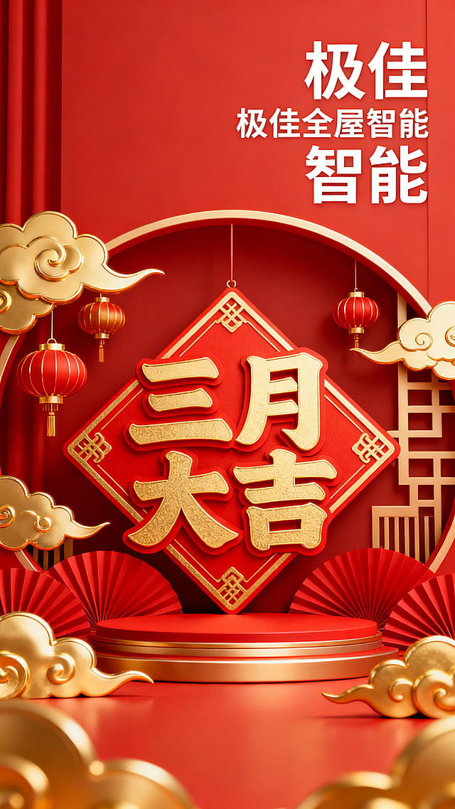喜庆风格三月大吉主题画面，色彩以红金为主，右上角写上"极佳全屋智能"