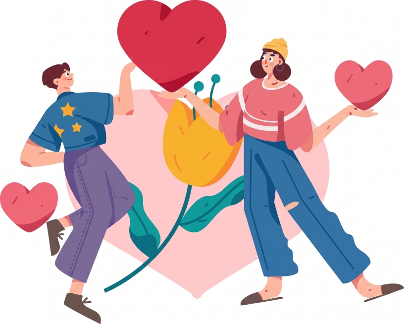参考图片的扁平插画风格，重新生成男女情侣传递爱心的情人节主题插画，保留原构图，色彩明快，矢量扁平风格预览效果
