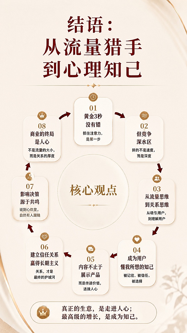 「图片1」我给一篇文稿我需要你模仿这张图片，生成几张对应文稿的图片，以下是我的文稿”你一定听过 “黄金 3 秒” 理论：短视频开头必须用强观点、痛点或悬念，在三秒内抓住用户眼球。这个法则在过去几年几乎是短视频创作的圣经。
但最近，我们拆解了大量真正能持续获客、高转化的顶流账号，发现了一个悄然变化的现象：那些最顶尖的玩家，已经不再单纯依赖 “震惊体” 或 “悬念钩” 来强行吸引眼球了。
他们用一种更巧妙、更高级的方式开场 ——“嘴替式开场”。
这不仅仅是技巧的迭代，更是对用户心理更深层次的理解与尊重。
一、从 “吸引眼球” 到 “代言心声” 的进化
传统的 “黄金 3 秒钩子”，本质上是一种 “单向爆破”。
它像一声惊雷，试图用外部刺激（如 “99% 的人都不知道”、“千万别再 XXX 了”）强行打断用户的滑动，把注意力拽过来。这种方式在过去信息相对匮乏时很有效。
但现在，用户每天刷到的 “惊雷” 太多了，早已产生了 “信息抗体”。他们变得警惕、疲惫，对夸张的标题和承诺本能地怀疑。强行爆破，反而可能触发他们的防御心理，直接划走。
而 “嘴替式开场” 则是一种 “双向共鸣”。
它不再高高在上地 “教育” 或 “惊吓” 用户，而是蹲下来，用用户的语气，说出他们此刻心中正在盘旋、但尚未组织成语言的困惑、吐槽或感慨。
举个例子：
传统钩子：“做短视频千万别再自己写文案了！”（外部指令，略带恐吓）
嘴替式开场：“最近很多老板都在抱怨，视频号获客难，还不精准。”（共鸣）“但我敢断言，视频号未来三年，是中大型企业最好的获客渠道，没有之一。”（反认知观点）
看出区别了吗？
后者第一句话，没有试图 “勾引”，而是在 “描述一种普遍存在的情绪状态”。它瞬间完成了两件事：
圈定人群：只有正在为此烦恼的 “老板” 会感觉 “这说的就是我”。
建立共鸣：你不是在对我喊话，你是在替我发声。这种 “被理解” 的感觉，是比 “被吸引” 更强大的停留理由。
紧接着的第二句反认知观点，之所以有力，正是因为建立在第一句的共鸣之上。用户的心理路径是：“是啊，我也这么觉得… 诶？等等，他居然说这是最好的机会？为什么？”
从 “你告诉我一个秘密”，到 “你懂我的难受，并指给我一条没想到的路”，信任的起点截然不同。
二、“嘴替” 的精髓：预判并回答用户的 “潜台词”
“嘴替式开场” 的高明之处，在于它精准地踩在了用户心理流程的第二个环节。
当用户被一个话题吸引（无论是通过标题还是封面），点进视频的瞬间，他大脑里冒出的第一个念头往往不是 “我要认真听讲”，而是一个下意识的 “潜台词” 或 “内心 OS”。
比如：
看到一个讲 “视频号获客” 的视频，用户心想：“又是来卖课的吧？”
看到一个讲 “企业管理” 的视频，用户心想：“道理都懂，能做到的有几个？”
看到一个讲 “爆款内容” 的视频，用户心想：“方法那么多，哪个真的有用？”
传统的开场，往往无视这个 “潜台词”，自顾自地开始讲干货。结果就是，用户带着这份质疑观看，稍有不如意就会划走。
而 “嘴替式开场”，则像一位敏锐的对话者，直接把这个 “潜台词” 搬到台面上，并予以回应。
再看一个我们内部的经典案例文案片段：
“你可能会觉得不可思议”—— 这句话没有任何信息增量，但它价值千金。它完成了最重要的心理对接：“我知道你现在不信，我允许你不信，但我们先就‘你不信’这件事达成共识，然后我再告诉你为什么你应该信。”
这种开场，不是在对抗用户的防御，而是在化解它。它把一场可能的 “说服与抵抗” 的攻防战，变成了一次 “理解与探讨” 的并肩前行。
三、如何设计你的 “嘴替式开场”？
这需要你从 “内容生产者” 彻底切换到 “用户心理洞察者”。具体可以分三步：
第一步：深度还原用户场景
闭上眼，想象你的目标用户在最典型的需求场景下，刷到你的视频前一刻，他在想什么？他刚经历了什么挫折？他对同类内容最大的不满或不信是什么？把他的情绪关键词（如 “迷茫”、“太贵”、“试过没用”、“怕被骗”）写下来。
第二步：提炼 “公共情绪共识”
从个体的情绪中，找到最大公约数。比如，对于中小企业老板，“视频号获客难” 是一个共识；“流量贵” 是一个共识；“团队不会做” 也是一个共识。你的开场，要瞄准这些共识，而不是小众情绪。
第三步：设计 “共鸣 + 反认知” 的句式结构
这是 “嘴替式开场” 的标准结构：
前半句（嘴替）：用 “很多人在说…”、“大家都觉得…”、“你是不是也遇到过…” 这样的句式，代言公共情绪。语言要口语化，像是朋友间的吐槽。
后半句（破局）：用 “但是…”、“然而…”、“我却认为…” 引出你的反常识核心观点。这个观点必须犀利、有颠覆性，才能承接住前半句建立的期待。
例如，针对 “知识付费难做” 的共识：
嘴替式开场：“都说现在知识付费卷死了，课卖不动。（共鸣）可我们一个 3 人小组，靠视频号每月稳定获客 5000 人，效率是过去 30 人销售团队的 10 倍。（反认知 + 证据）”
四、更高的维度：贯穿始终的 “嘴替思维”
事实上，“嘴替” 思维不应只存在于开场。一条真正优秀的获客视频，应该像一场丝滑的对话，全程充当用户的 “思维导游”。
在衔接段：当用户因为开头留下，心里想 “那然后呢？”，你的衔接钩子（如 “接下来我分享三个核心步骤”）就是嘴替。
在主体段：当用户听到一个观点心里产生疑问时，你能提前用 “你可能会问…” 来设问并解答，就是嘴替。
在结尾段：当用户看完觉得有收获，但不知下一步该干嘛时，你明确的行动指令（“点击下方…”），同样是嘴替。
它的核心，是一种极致的用户视角和共情能力。你不再是在表演一场独角戏，而是在进行一场实时互动的心灵对话。
结语：从 “流量猎手” 到 “心理知己”
“黄金 3 秒” 没有错，它依然是冲破初始流量池的重要技术。但当竞争进入深水区，当用户变得愈发聪明和挑剔，仅靠技术层面的 “钩子”，已经不足以构建深厚的信任与持久的吸引力。
“嘴替式开场” 代表的，是一种从 “流量思维” 到 “关系思维” 的升维。
它意味着，你不再仅仅是一个想方设法获取注意力的 “猎手”，而是努力成为用户屏幕那端一个 “懂我所想，答我所惑” 的知己。
当你的开场不再是喧闹的吆喝，而是轻声的共鸣，你便已经赢得了这场注意力战争中，最珍贵的东西 —— 愿意为你停留片刻，并侧耳倾听的耐心。
这或许就是内容创作的下一个阶段：技术的尽头是人心，而最高级的技巧，是看起来毫无技巧的真诚懂得。“