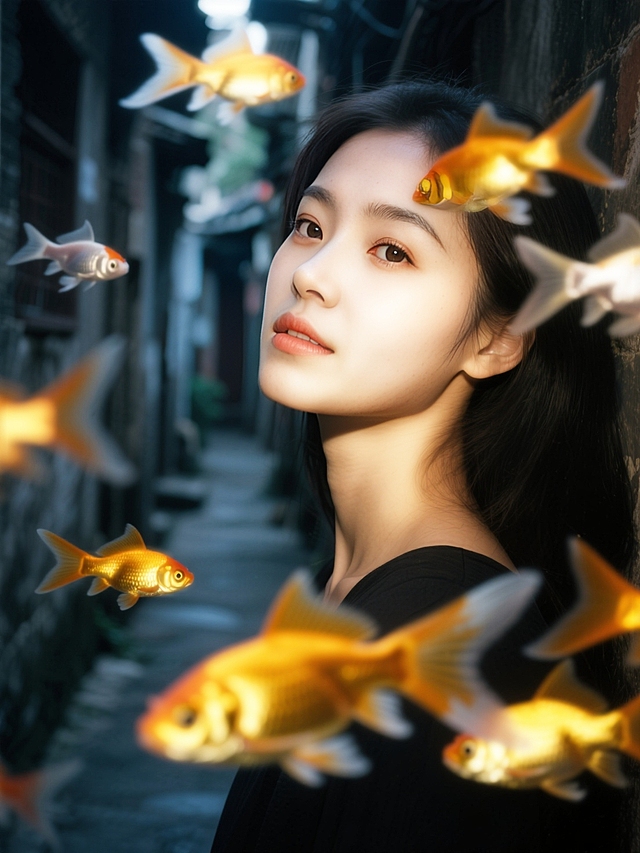老巷少女，环绕动态模糊的金鱼，金鱼发光，梦核暗调。脸部一束光，奶油肌，特写