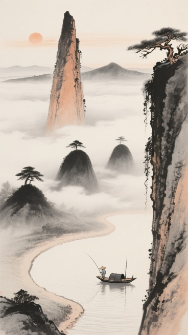 俯视视角，中国传统水墨画风格，浅米色宣纸背景以浓淡墨色交织出孤峰独秀的奇景。画面中央一座瘦劲的主峰如利剑般刺破云海，赭石色勾勒的岩缝间垂挂着几缕墨色藤蔓，如书法飞白般遒劲。山脚下新月形海湾环绕，水面以极简的纵向线条表现微波，一叶乌篷船斜向泊于水湾凹处，船头垂钓者斗笠几乎与山石融为一体。右侧断崖上几株蟹爪形古松，松针以焦墨点染如书法中的枯笔。中景处三座馒头状副峰呈品字形分布，峰顶各有一株孤松形成……预览效果
