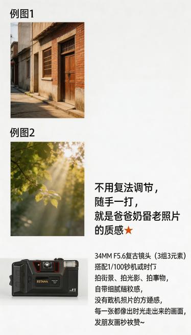 左侧排版对称放置2张照片，例图1：用FETANA 35FT相机拍摄的老巷街景实拍图，老砖墙、木质门窗，胶片颗粒感明显，色调复古；例图2：用该相机拍摄的午后阳光特写，光线透过树叶，画面柔和，细节细腻。右预览效果