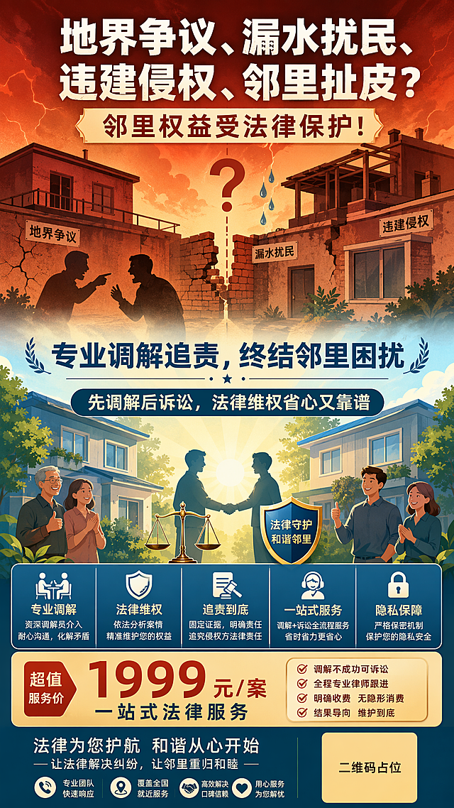 一张竖版9:16邻里纠纷法律服务宣传海报，现代简约+情绪化插画风，用冷暖对比色强化困扰与和解的视觉张力。画面上半部分为暖橙红调，呈现邻里困扰的意象插画：两栋相邻房屋之间有问号、水滴、砖墙裂缝、争执的人物剪影，色调偏暖偏暗，体现地界争议、漏水扰民、违建侵权等邻里困扰的氛围，房屋之间有模糊的分界线与紧张感。画面下半部分为沉稳蓝绿色调，呈现和解与解决方案的意象：两栋房屋之间握手的人物剪影、法律天平图标、盾牌守护、友好微笑的邻居形象、明亮的阳光洒在房屋之间，象征调解成功、邻里和谐、权益得到保障。上下两部分通过渐变柔和过渡，形成冷暖对比与从困扰到和谐的情绪递进。竖版居中分层排布，主标题顶部冲击，副标紧随，中部图文结合展示法务场景。画面中必须完整呈现以下文字信息：主标题"地界争议、漏水扰民、违建侵权、邻里扯皮？"，副标题"邻里权益受法律保护！"，服务亮点"专业调解追责，终结邻里困扰"，服务模式"先调解后诉讼，法律维权省心又靠谱"，价格"1999元/案一站式法律服务"。底部有二维码占位符区域，使用纯色方块占位，方块中央标注"二维码占位"文字。画面中所有信息区域、服务卡片、权益列表必须填充完整合理的内容，不得出现空白框、空白占位、横线待填写区域、空列表项。版式精美，层级分明，文字清晰可读，所有数字精确渲染不得错位。整体风格现代简约，插画富有情绪表达，色彩对比鲜明，专业可信。