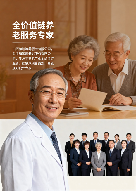 山西和睦塘养老服务宣传册公司定位页设计，标题文字"全价值链养老服务专家"，正文内容文字"山西和睦塘养老服务有限公司，专注于养老产业全价值链服务，提供从项目策划、规划设计到运营管理的一站式解决方案，致力预览效果