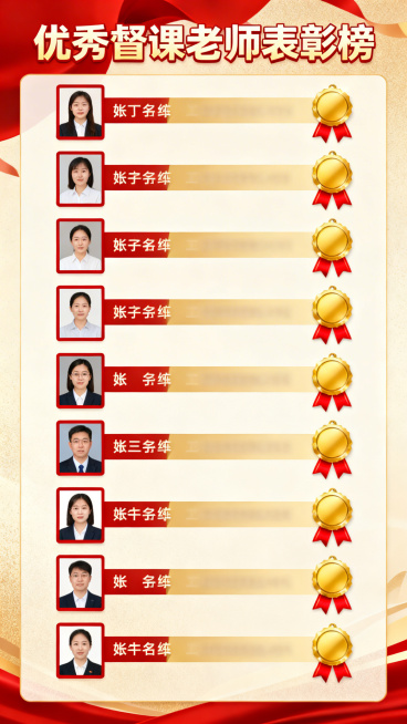 辅导班督课老师表彰榜设计，整体风格积极向上正式大气，顶部放置醒目标题“优秀督课老师表彰榜”，内容区域预留老师照片和姓名展示位，搭配红色荣誉绶带和金色奖牌元素，暖色调配色，排版整洁规整预览效果