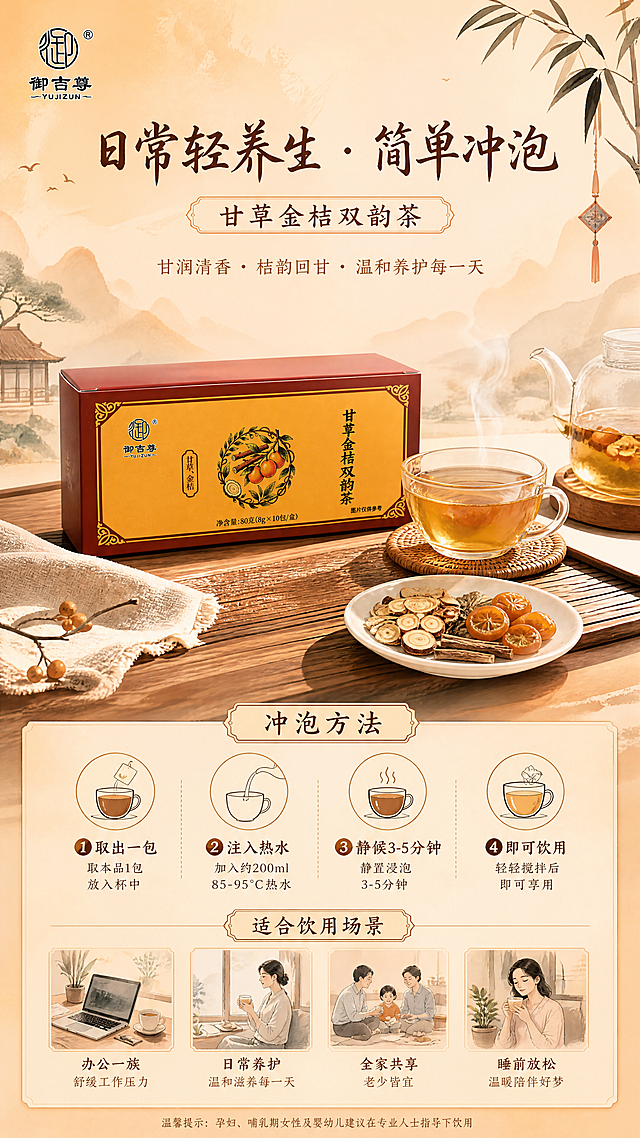 「图片1」，生成一套详情页，商品名称为甘草金桔双韵茶，详情页海报，9:16比例，水墨国风，酒红+明橙配色，淡墨晕染山纹背景，顶部文字“御吉尊 · 品牌实力保障”，下方三个模块：① 资质认证图标+“正规备案生产，资质齐全可查”；② 品控流程图标+“严格品控，全链路管控”；③ 独立包装图标+“食品级材质，防潮防污便携”，底部小字说明，排版简洁无冗余

详情页海报，9:16比例，水墨国风，宣纸质感背景，中间是甘草、金桔的淡墨手绘插画，文字“甄选道地原料 · 科学草本配比”，搭配三个小图标说明，底部补充文案，整体雅致清新，和包装色调呼应
详情页海报，9:16比例，水墨国风，淡橙晕染背景，分步展示生产流程：① 原料清洗区 ② 筛选分拣区 ③ 低温烘干区 ④ 独立包装区 ⑤ 成品检测区，每个步骤配简约水墨图标，背景带浅中式花纹，文字排版清晰专业
详情页海报，9:16比例，水墨国风，分栏设计，左侧特写展示茶盒，标注“净含量：80g（8g×10包/盒）”；右侧特写独立茶包，标注“独立食品级包装，防潮防污”，文字“产品规格参数”，配色沿用酒红+金色，字体工整，整体简洁清晰
详情页海报，9:16比例，水墨国风，治愈系茶席场景，淡橙背景，茶席上放着泡好的茶汤、茶盒和干原料，文字“日常轻养生 · 简单冲泡”，下方标注冲泡方法与饮用场景，整体温馨雅致，符合中式养生调性适配淘宝/天猫平台，单图比例为9:16，需求屏数为8张。