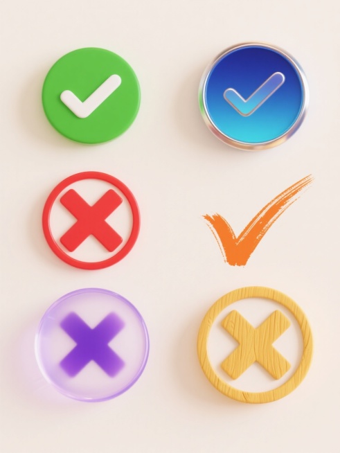 六个「对错」造型图标，分为上下两行对齐排列，每行三个图标，浅色背景。三个对勾图标分别采用不同配色、样式和材质：第一个为绿色圆形轮廓搭配绿色填充的扁平风格对勾，线条流畅圆润；第二个为蓝色渐变金属质感对勾，边缘有高光和阴影，呈现出立体光泽效果；第三个为橙色手绘风格对勾，线条带有细微的笔触纹理，色彩饱满温暖。三个叉号图标同样各具特色：第一个是红色圆形轮廓搭配红色填充的扁平风格叉号，造型简洁明了；第二……预览效果