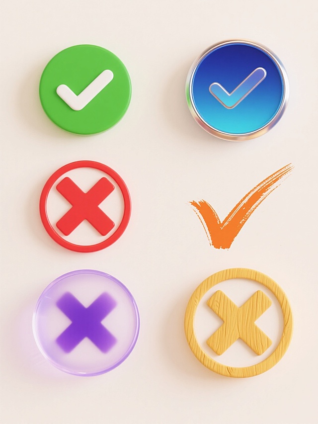 六个「对错」造型图标，分为上下两行对齐排列，每行三个图标，浅色背景。三个对勾图标分别采用不同配色、样式和材质：第一个为绿色圆形轮廓搭配绿色填充的扁平风格对勾，线条流畅圆润；第二个为蓝色渐变金属质感对勾，边缘有高光和阴影，呈现出立体光泽效果；第三个为橙色手绘风格对勾，线条带有细微的笔触纹理，色彩饱满温暖。三个叉号图标同样各具特色：第一个是红色圆形轮廓搭配红色填充的扁平风格叉号，造型简洁明了；第二个是紫色磨砂玻璃材质叉号，半透明质感，边缘柔和；第三个是黄色木质纹理叉号，表面有自然的木纹肌理，呈现出质朴的材质感。所有图标保持统一的圆形外框比例，整体视觉风格协调，色彩鲜明且对比清晰，信息传达直观高效，符合现代简约的设计美学。