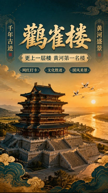 中式国风鹳雀楼景区旅游宣传海报，整体版式精美，典雅大气，主标题突出。主标题文字"鹳雀楼"，副标题文字"更上一层楼 黄河第一名楼"，左侧装饰文字"千年古迹"，右侧装饰文字"黄河盛景"，卖点标签文字"网红预览效果
