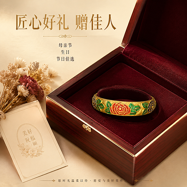 [主图-5] 礼赠场景 礼盒包装与送礼氛围
[统一基调] 抖音1:1方图 精致国风高级质感 香槟金浅米色背景 柔光箱高光 窄条轮廓光 金属边缘顺滑 珐琅色彩通透 文艺衬线标题字 金色主标题 深棕辅助字 极简排版 文字占比<25%
[画面] 国风礼盒半开场景 深红木纹礼盒内铺酒红色绒布 手镯静卧在绒布凹槽中 牡丹花正面朝上完整展示 礼盒旁边放着一张米白色贺卡和一小束干花 背景为浅米色 整体呈现礼赠仪式感 手镯为视觉中心 占比约40% 礼盒与配饰营造氛围
[光影质感] 柔和暖光氛围 顶部漫射主光 礼盒内部有自然阴影 手镯珐琅与金属质感突出 绒布纹理细腻 整体温暖雅致有节日感
[配色] 背景浅米色 礼盒深红棕色 绒布酒红色 产品金色+正红+翠绿 标题字暗金色 辅助字深棕色
[文字版式] 画面上方主标题「匠心好礼 赠佳人」 衬线国风字体 字号较大 主标题下方小字「母亲节 生日 节日佳选」 分三行小字号排列 画面底部有一行极细的装饰性文字 所有文字不遮挡手镯主体
[输出要求] 1:1正方形 氛围雅致 产品清晰 礼盒质感真实 文字清晰可读 负向：变形 错字 模糊 杂乱 水印 平台Logo 廉价感 塑料感