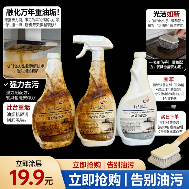 生成300张分别是100张抖音风格100张淘宝风格,100张拼多多风格不同场景的油污净电商主图，价格“19.9元”，比例1:1，文案内容:“融化”万年重油垢！无需费力刷，眼见为实的溶解力, 喷一喷，擦预览效果