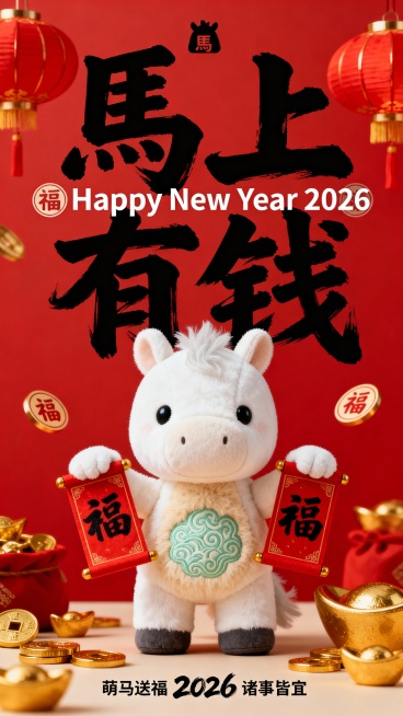 纯正面小马，Q版白色配色的拟人毛绒小马公仔（腹部是浅米色毛绒以及浅绿色国风花纹，站立，双手拿着“福” 字对联；红色背景，搭配红 / 金（灯笼金币元宝）；小马公仔位于画面中下部核心区域；画面上部排布大号预览效果