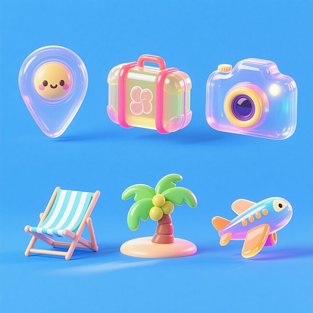 软3D风卡通设计，可爱旅行元素集合，清新蓝色背景，夏日度假氛围。