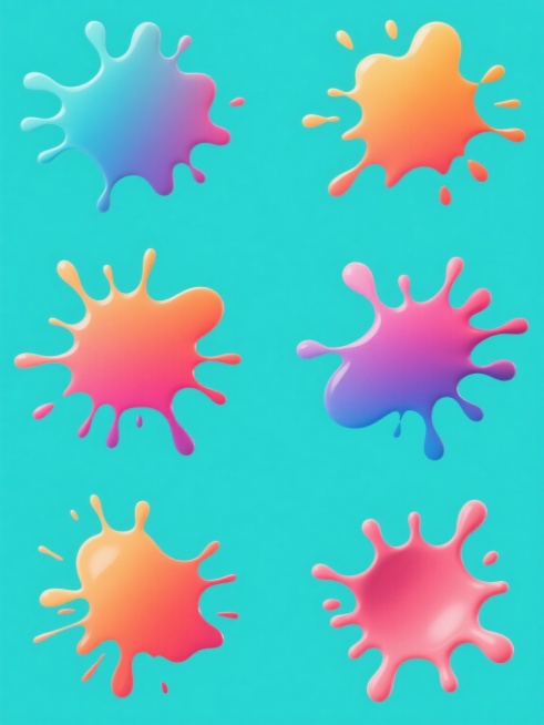 一组六个完全不同造型的泼墨元素系列素材，每个泼墨造型独特，色彩各异，均采用纯色彩背景，保持数字艺术的平滑过渡质感，整体呈现出简约现代的设计感，规整排布，无任何文字。预览效果