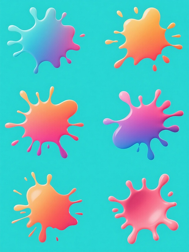 一组六个完全不同造型的泼墨元素系列素材，每个泼墨造型独特，色彩各异，均采用纯色彩背景，保持数字艺术的平滑过渡质感，整体呈现出简约现代的设计感，规整排布，无任何文字。