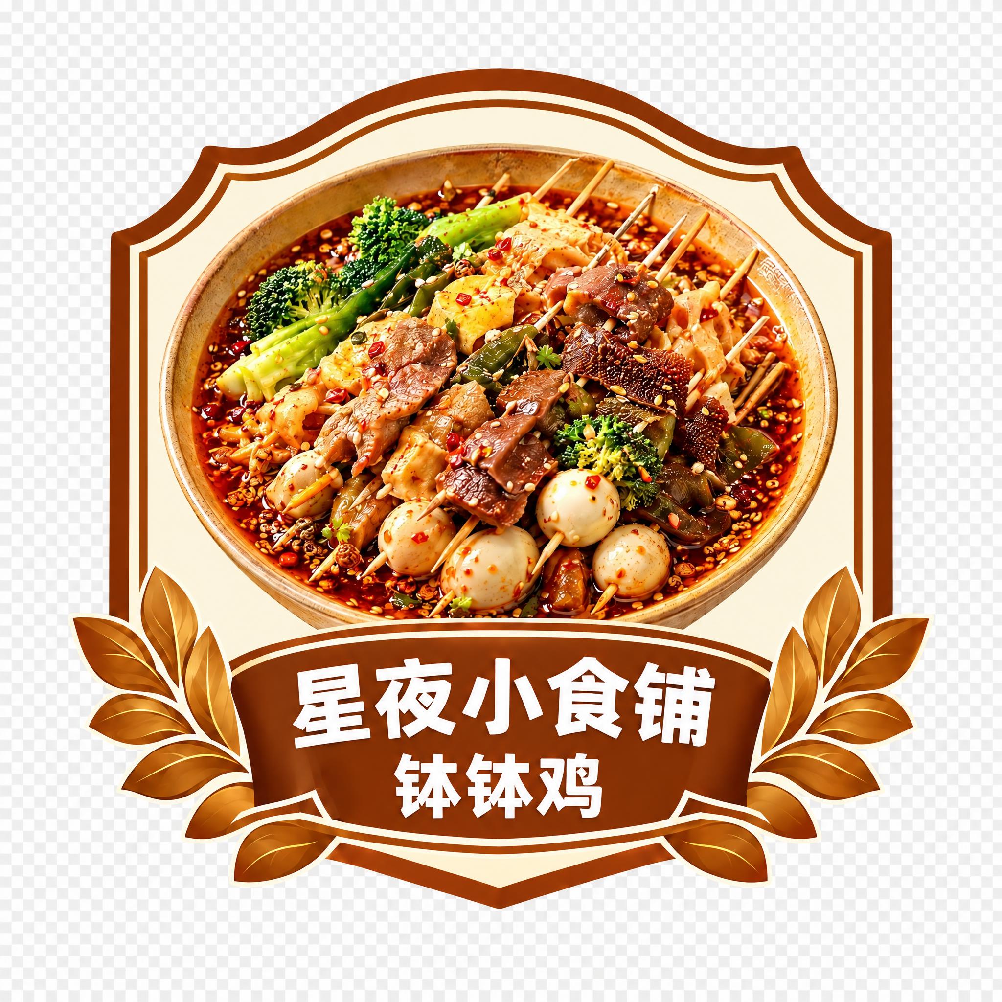 将这张钵钵鸡异形立牌的绿色边框和底部绿色飘带统一换成暖棕色（深… - 图片创意预览