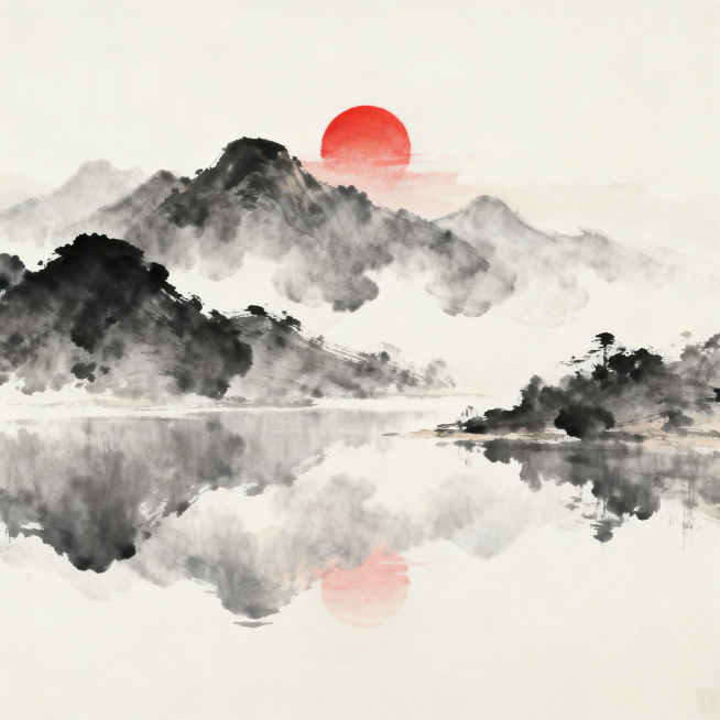 中国水墨画风格，远山层叠，以浓淡墨色勾勒山石轮廓，山间云雾缭绕呈淡灰色晕染效果，红日高悬天际，湖面平静如镜倒映山峦与红日，整体画面留白充足，营造空灵悠远的意境，融入古风山水元素，展现传统水墨的写意韵味预览效果