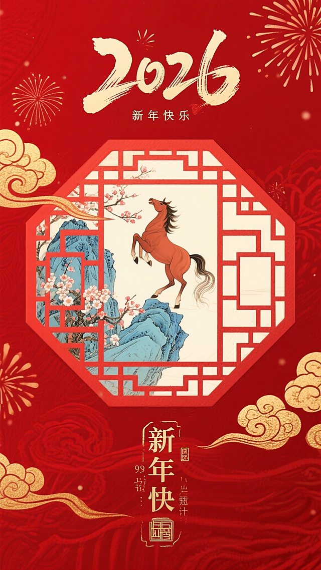 国潮风插画，剪纸窗格框景，工笔马跃山巅，水墨山水与鎏金祥云交织，红底喜庆，烟花点缀，尽显中式古典年味。