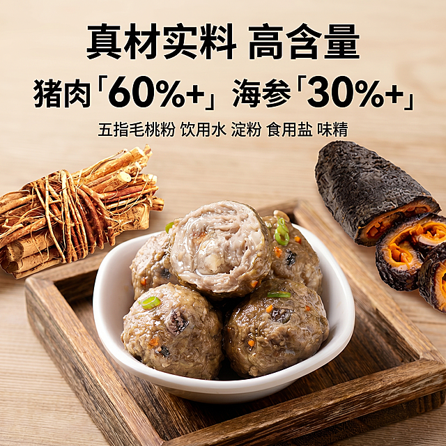 [主图 2] 五指毛桃海参肉丸核心卖点展示；[氛围风格] 真材实料，滋补品质感；[画质] 商业摄影质感、光线柔和通透、产品清晰真实、画面干净高级；[元素] 保持五指毛桃海参肉丸产品外观、物理结构、材质质感、颜色与输入产品图绝对一致，杜绝任何变形和色差，精细化处理。居中展示切开的肉丸横截面，清晰可见饱满海参颗粒，左侧摆放原材五指毛桃捆，右侧摆放整块加拿大北极红参，食材环绕产品，干净布局；商品主体占比严格控制在 60%-80% 之间，画面满铺无边框；[光影] 自然光侧逆光，突出肉丸肌理质感，油润光泽明显，阴影柔和不突兀；[配色] 原木暖棕为主，食材自然色彩，干净高级；[视角构图] 平视视角，中心构图，食材分层摆放突出真材实料；[文字版式] 画面上方标题加粗：真材实料 高含量，主数据大号字体标注：猪肉 「60%+」 海参「30%+」，小字标注其他配料：五指毛桃粉 饮用水 淀粉 食用盐 味精，文字排版清晰，分区块不遮挡产品主体；[比例分辨率] 1:1 比例，2k 分辨率，文字清晰可辨，超高清；[负向提示词] 变形，水印，文字错乱，产品图模糊，背景杂乱，文字遮挡主体