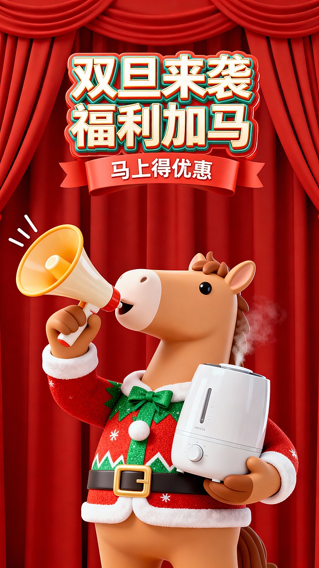 卡通风格，浅棕色拟人马，圣诞色圣诞衣，举喇叭吹奏（小线条表示发声），另一手抱着一个加湿器，画面顶部巨大的3D创意变形艺术字 “双旦来袭 福利加马”（下行小字：马上得优惠），背后的红幕布
