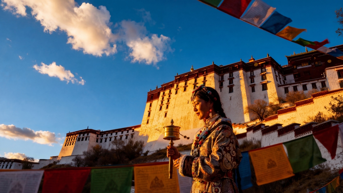 在画面前景增加一位穿着藏族传统服饰的女性，手持转经筒，保持原有布达拉宫、飘扬的经幡、金色夕阳、蓝天白云的场景，电影级画质，旅行大片风格，光影质感高级预览效果