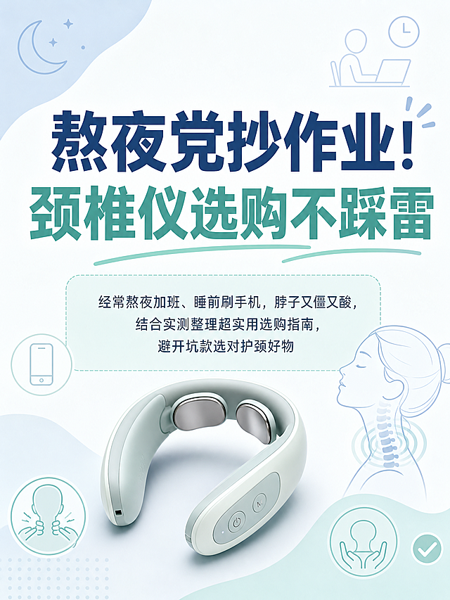 熬夜党抄作业！颈椎仪选购不踩雷

文案：经常熬夜加班、睡前刷手机，脖子又僵又酸，市面上颈椎仪五花八门，很容易买到鸡肋款。结合多次实测，整理了一份超实用选购指南，熬夜党、久坐族、长辈都能直接照着选，避开坑款，轻松选到合适的护颈好物！
-
看使用方式：优先选仰卧式产品，避开传统坐立式牵引仪。老式牵引拉扯感强，很容易头晕、肌肉紧张；仰卧款式在身体放松状态下拉伸颈椎，体验更舒适，适配绝大多数人群。
-
看贴合设计：别选支撑生硬、贴合度差的款式。认准 3D 曲面 + 三点支撑结构，能够稳稳承托后脑勺、脖颈和斜方肌，贴合颈部线条，躺久了也不会有难受感
-
看功能配置：拒绝单一震动款，只能减少表面酸胀。优选牵引、脉冲、热敷三合一的机型，多方面放松肌肉。三档温控搭配多档位脉冲，不管是怕冷人群还是受力大的朋友，都能找到合适模式。
-
看操作体验：避开按键复杂、档位繁多的产品。先选搭载语音播报 + 磁吸遥控的款式，躺着就能调节模式和力度，老人、懒人上手毫无压力。
-
自用实测｜凯伦诗 D8 颈魔方真心好用✨ 它采用四维动态牵引技术，上下前后多向轻柔拉伸。搭配多腔体气压按摩，肩窝、后背等难放松的部位都能照顾到。38℃、41℃、44℃三档热敷暖意渗入颈部，6 档脉冲力度循序渐进。每次使用时长固定为 15 分钟，到点自动关机，安全又省心。熬夜后躺上一会儿，全身疲惫一扫而空，自用、送礼都很合适，颈椎不适的朋友放心入手！
根据以上内容帮我生成一套5张以文字内容为主的科普内容配图，要求风格保持一致，内容准确排版合理，每张图片主题明晰，最后植入产品（产品外观与参考图保持一致），比例3：4，「图片1」