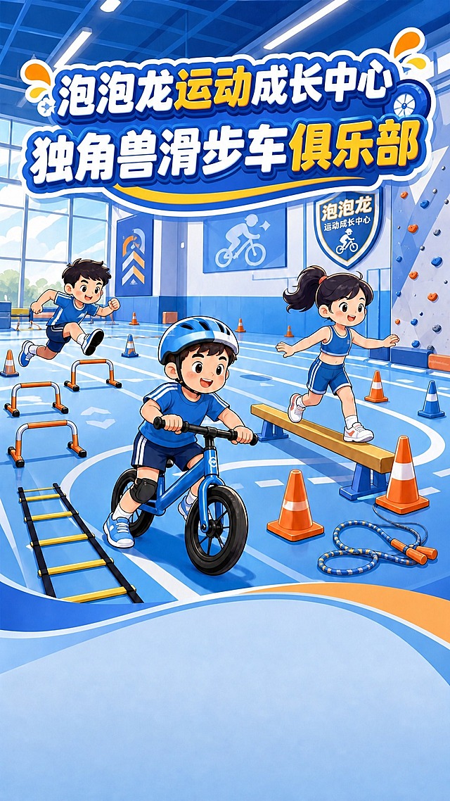 去掉图中跳绳的小女孩，保持其他人物和场景不变；将顶部标题文字改为两行，第一行是“泡泡龙运动成长中心”，第二行是“独角兽滑步车俱乐部”，保持原有的蓝黄配色卡通字体和气泡装饰风格，整体画面风格、构图、色彩与原图一致