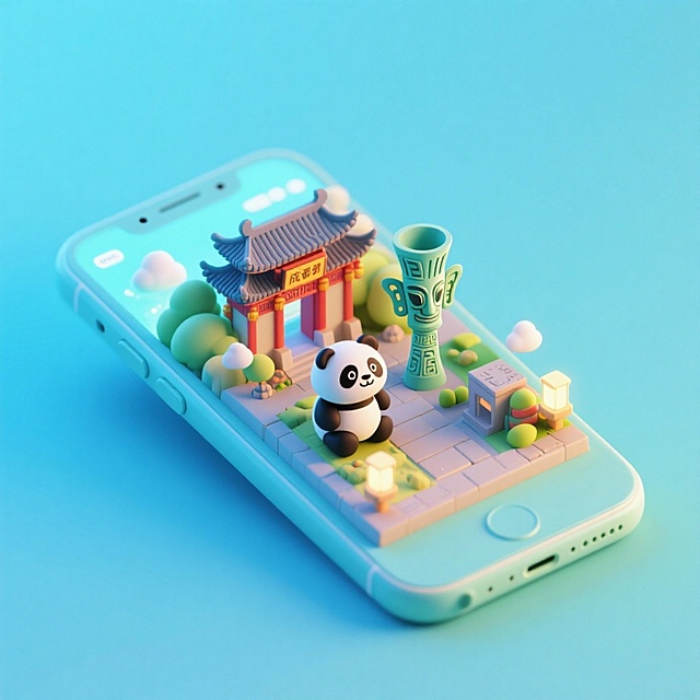 一个手机创意微缩场景，手机平放，侧面对着观众，手机俯视角度，立体的成都景观从屏幕内出来，有熊猫，三星堆，武侯祠，整体色调立体魔幻。青色背景。具有梦幻感,打光营造出柔和氛围强调梦幻和未来感的美学。