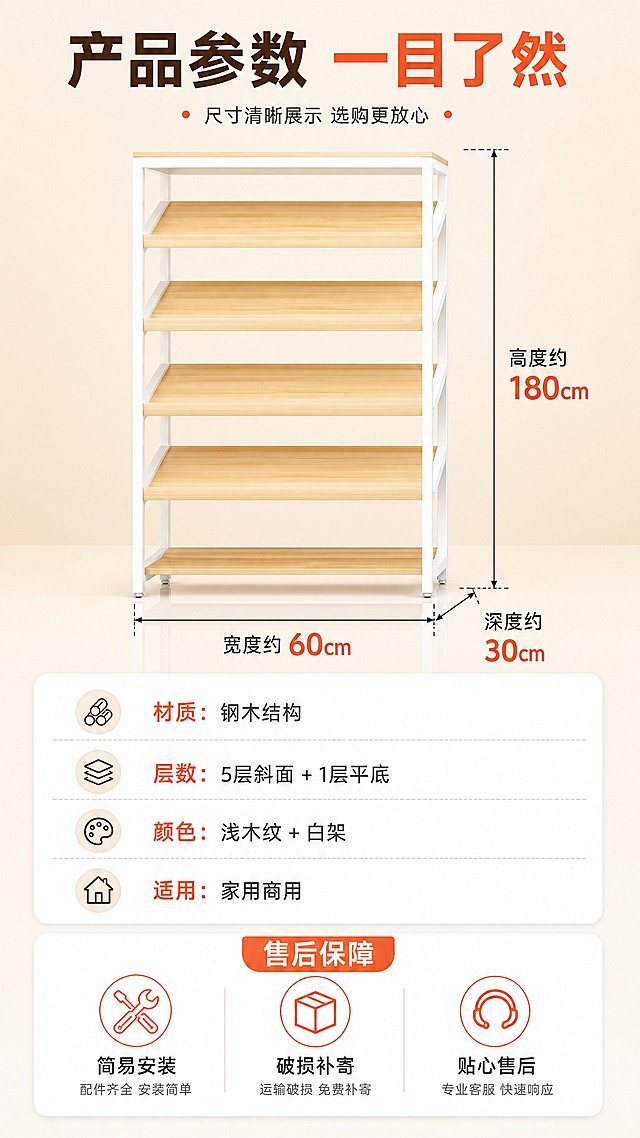 [商品] 使用【图1】钢木结合多层置物货架；保留浅橡木纹层板、白色钢架、整体结构比例和颜色；单组货架正面展示，旁边标注尺寸线。
[画面] 目标：规格参数+售后保障页，清晰展示尺寸和产品信息。构图：上下分栏，上方约55%为产品+尺寸标注，下方约45%为参数卡+售后保障。主体位置：产品居中偏左，右侧标注尺寸。摆放角度：正面。景别：中景。阅读动线：从上到下，先看产品尺寸，再看参数和售后。前中后景：产品为主体，浅米色干净背景，底部有柔和倒影。
[视觉] 套系策略：风格=拼多多接地气商业风，明亮高饱和；标题字=粗黑体大字；正文字=清晰黑体；主色=浅木色+白色；背景延展=浅米色渐变背景，下方信息卡用白色圆角底；强调色=橙红色，用于尺寸数字和售后重点；标题色=深棕+橙红；正文色=深灰色；组件=尺寸标注线+箭头、圆角参数卡、售后图标；光影=正面均匀柔光，产品清晰。
[文字] 顶部标题：产品参数 一目了然；尺寸标注：高度约180cm / 单组宽度约60cm / 深度约30cm（尺寸线从产品边缘引出）；参数卡内容：材质=钢木结构 / 层数=5层斜面+1层平底 / 颜色=浅木纹+白架 / 适用=家用商用；底部售后保障：3个图标+文字：简易安装 / 破损补寄 / 贴心售后；文字清晰可读，不遮挡产品主体。
[规格] 图片比例9:16竖版，4K分辨率，负向提示：避免变形、错字、文字过小、模糊、产品颜色改变、结构失真、极限词、虚假承诺。