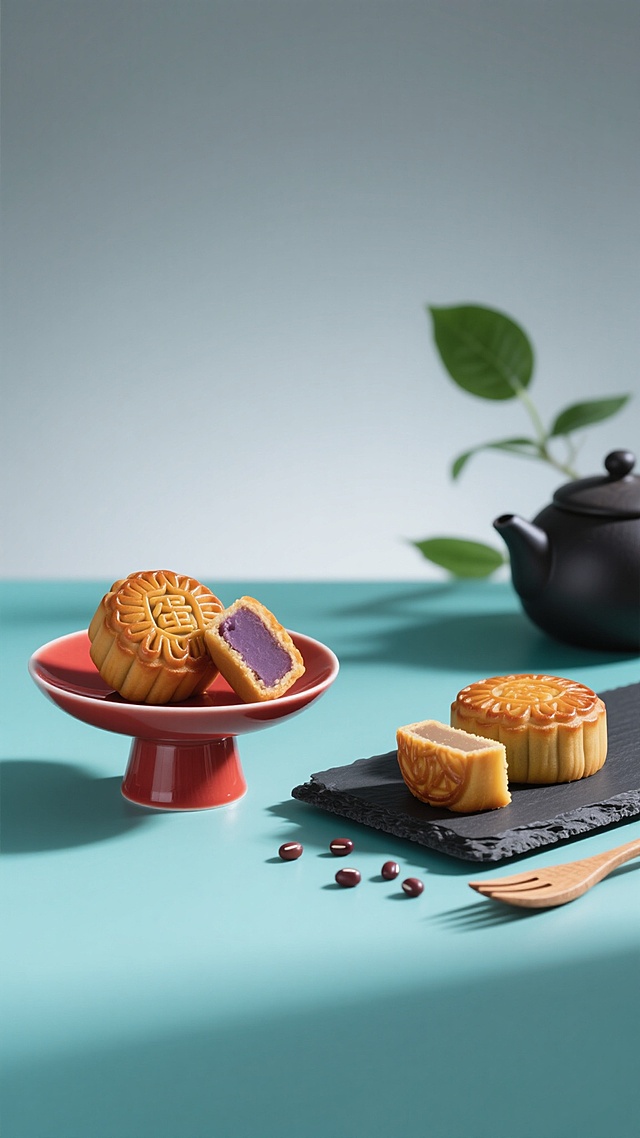 微距摄影风格的月饼主视觉，左侧红色高脚碟上放置一个完整的莲蓉蛋黄月饼和一个切开露出紫色内馅的月饼，右侧黑色石板上摆放一个完整月饼和两个切开的不同口味月饼，旁边散落着几颗红豆和一把木质小叉子，背景有黑色茶壶和绿叶装饰，整体采用清新明亮的蓝绿色调，柔和的侧逆光营造出通透的光影效果，月饼表面纹理清晰可见，背景为浅灰色渐变，无任何文字元素，构图遵循三分法原则，突出月饼的立体感和质感。