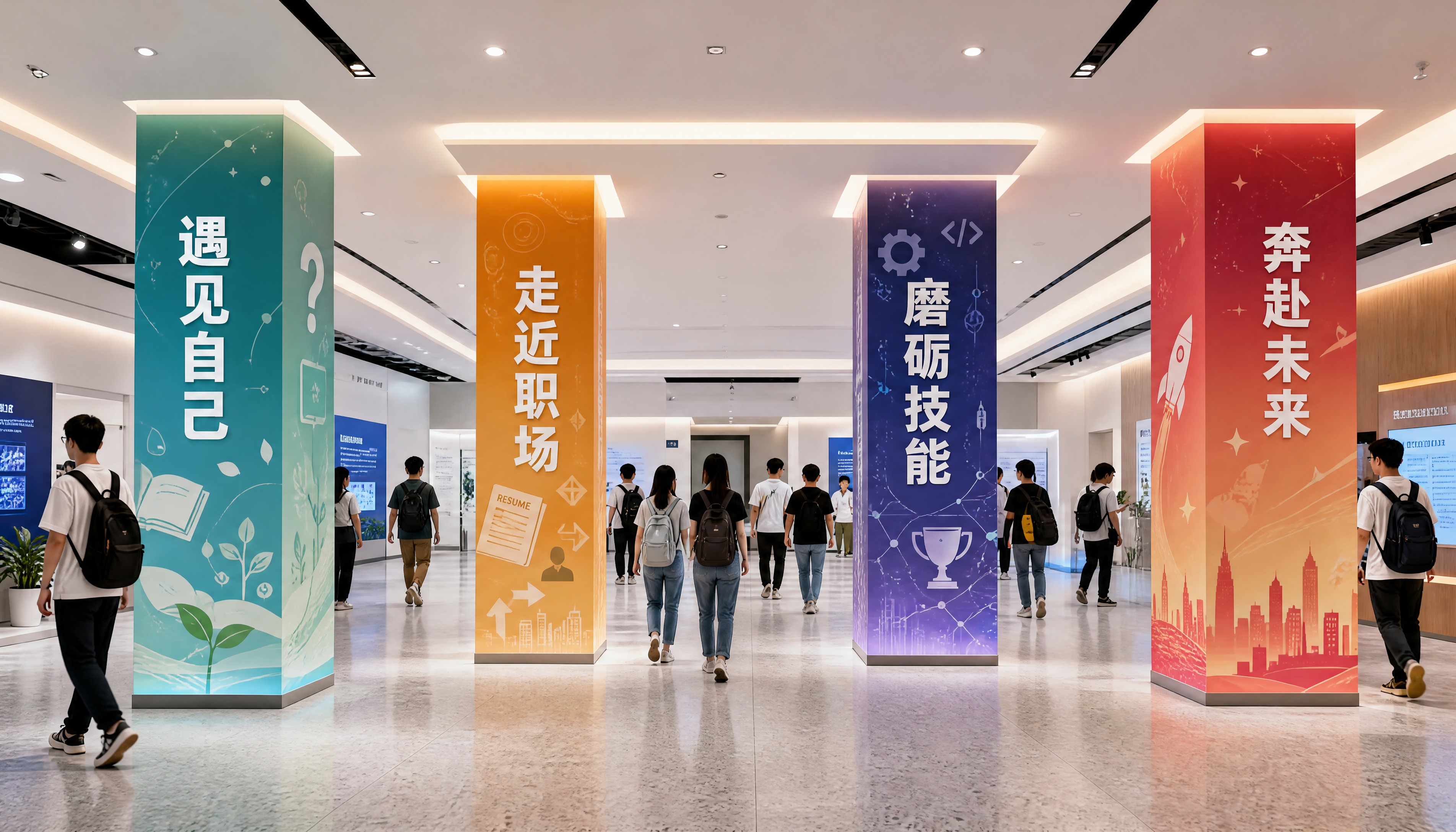 浙江科技大学活动中心展厅内部效果图，展厅内有四根方形立柱沿参观… - 图片创意预览