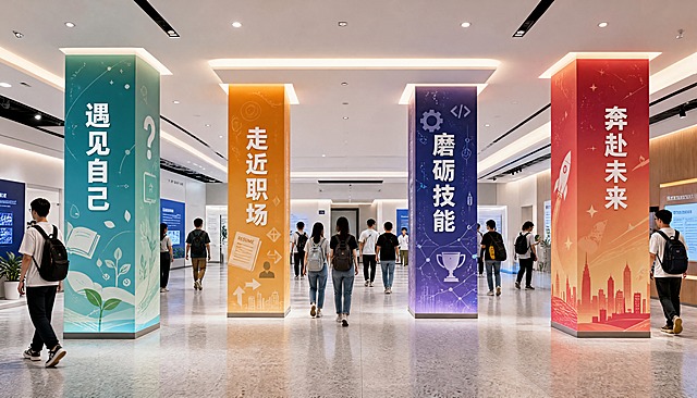 浙江科技大学活动中心展厅内部效果图，展厅内有四根方形立柱沿参观动线依次排列，柱高4米、每面宽1米，每根柱子四面都有主题视觉设计。从左到右：第一根柱子大一探索主题，清新蓝绿色调，有书本、萌芽、问号图形，正面写着大字'遇见自己'；第二根柱子大二定向主题，暖橙色调，有简历、职场图标、方向箭头，正面写着大字'走近职场'；第三根柱子大三冲刺主题，深紫蓝色调，有齿轮、代码符号、奖杯、技能网络图形，正面写着大字'磨砺技能'；第四根柱子大四启航主题，金红渐变色，有火箭、星空、城市天际线剪影，正面写着大字'奔赴未来'。展厅地面为浅灰色水磨石，天花板有嵌入式射灯和软膜灯带，整体现代简约、青春科技感，人视角度平视，写实渲染风格，光线明亮柔和，空间通透有纵深感，学生参观者在柱子间行走