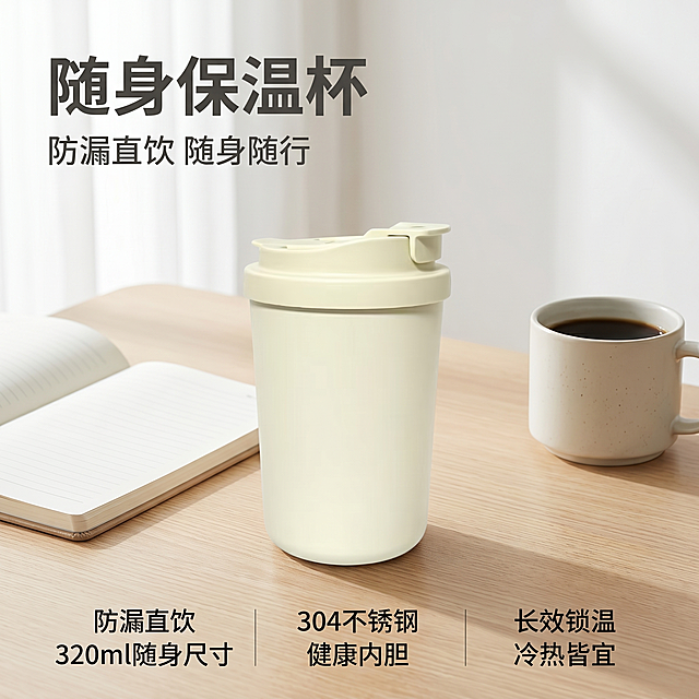 [主图-1] 白色保温杯便携随身首图，突出通勤车载实用性
[氛围风格] 简约干净ins风，日常实用氛围感
[画质] 商业摄影质感、光线柔和通透、产品清晰真实、画面干净高级
[元素] 奶白色保温杯居中放置在浅原木办公桌面，旁边搭配简约笔记本和黑咖啡杯点缀，整体自然温馨。保持保温杯外观（物理结构、材质磨砂质感、颜色）与输入产品图绝对一致，杜绝任何变形和色差，精细化处理。商品主体占比严格控制在65%左右，画面满屏无边框。
[光影] 窗边自然光为主光，柔和均匀，在桌面形成浅淡阴影，突出保温杯磨砂质感，整体通透明亮，高光不溢，暗部有层次
[配色] 主色调为奶白色、浅原木色，整体干净清爽，温馨舒适
[视角构图] 平视角度，产品为视觉中心，景深适中，轮廓完整不裁切
[文字版式] 左上负空间左对齐留安全边距，大字文案"随身保温杯"，深灰色最大号粗体无衬线；辅助文案"防漏直饮 随身随行"，约半高同色系。底部三均分排列卖点：第一列「防漏直饮」「320ml随身尺寸」第二列「304不锈钢」「健康内胆」第三列「长效锁温」「冷热皆宜」，短句清晰，深灰色文字与浅底强对比
[比例分辨率] 1:1比例，2k分辨率，文字清晰可辨，超高清
[负向提示词] 变形，水印，文字错乱，产品图模糊，背景杂乱，材质失真