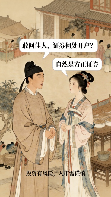 基于原图修改：1. 删除重复的大号字体"投资有风险，入市需谨慎"，只保留最底部小号字体版本；2. 将两句对白气泡"敢问佳人，证券何处开户？"和"自然是方正证券"整体向下移动，降低位置，不遮挡画面顶部；预览效果