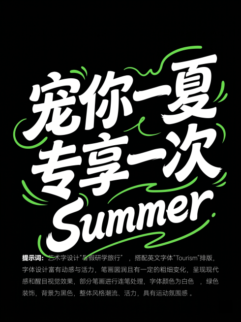艺术字设计“宠你一夏 专享一次”，搭配英文字体“Summer”排版，字体设计富有动感与活力，笔画圆润且有一定的粗细变化，呈现现代感和醒目视觉效果，部分笔画进行连笔处理，字体颜色为白色，绿色装饰，背景为预览效果