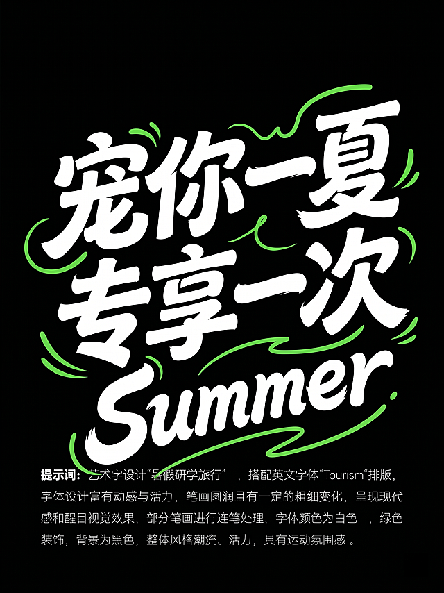 艺术字设计“宠你一夏 专享一次”，搭配英文字体“Summer”排版，字体设计富有动感与活力，笔画圆润且有一定的粗细变化，呈现现代感和醒目视觉效果，部分笔画进行连笔处理，字体颜色为白色，绿色装饰，背景为黑色，整体风格潮流、活力，具有运动氛围感