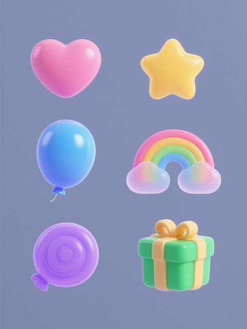 一组6个规整排布的软3D风格图标集合，纯色背景，每个图标具有柔和渐变色彩、光滑圆润的表面、细腻的高光和轻微阴影，呈现出半透明果冻般的质感，包含粉色爱心、黄色星星、七彩渐变彩虹、蓝色气球、紫色糖果和绿色礼物盒，所有元素保持统一的软3D风格和视觉语言。预览效果