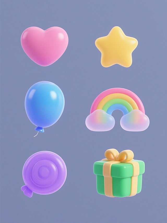 一组6个规整排布的软3D风格图标集合，纯色背景，每个图标具有柔和渐变色彩、光滑圆润的表面、细腻的高光和轻微阴影，呈现出半透明果冻般的质感，包含粉色爱心、黄色星星、七彩渐变彩虹、蓝色气球、紫色糖果和绿色礼物盒，所有元素保持统一的软3D风格和视觉语言。