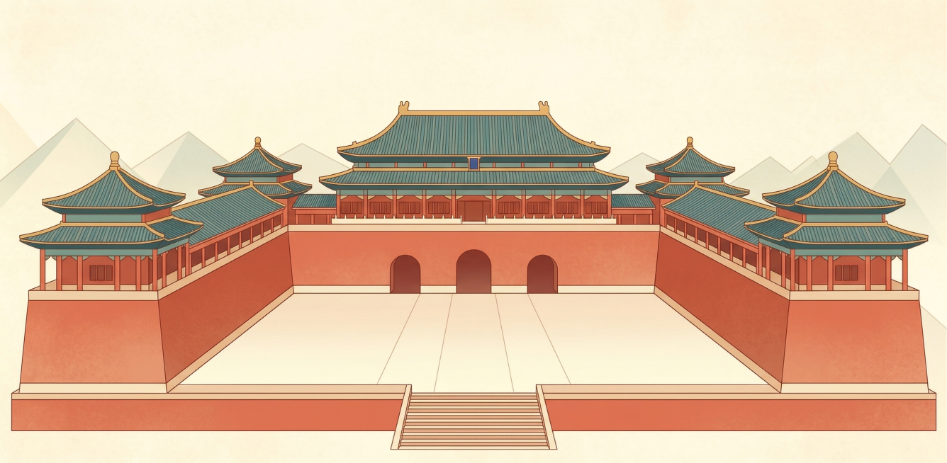 故宫午门，严格保持午门真实建筑形态，参考图提供的国潮扁平插画风格，浅米黄底色，红墙青瓦，干净简约单建筑居中构图预览效果