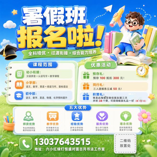 3D膨胀风教育培训暑假班招生海报，整体色调蓝绿渐变，包含文字：暑假班报名啦！全科培优・过渡衔接・综合能力培养，课程范围：幼小衔接：汉语拼音 + 认读写字 + 数学课程，小学部：语文、数学、英语 + 阅预览效果
