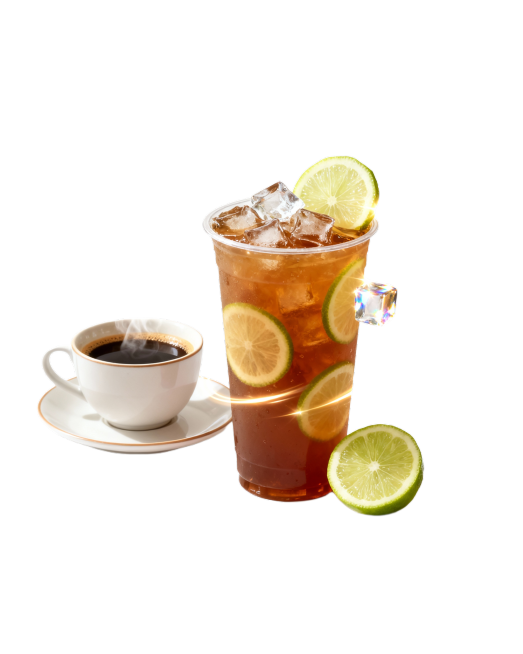 帮我制作一个图片，主题是：现磨咖啡☕️，手打柠檬茶，要有产品同时还要展示卖点，画面高级吸引人 突出主题 字体也许吸引人高级预览效果