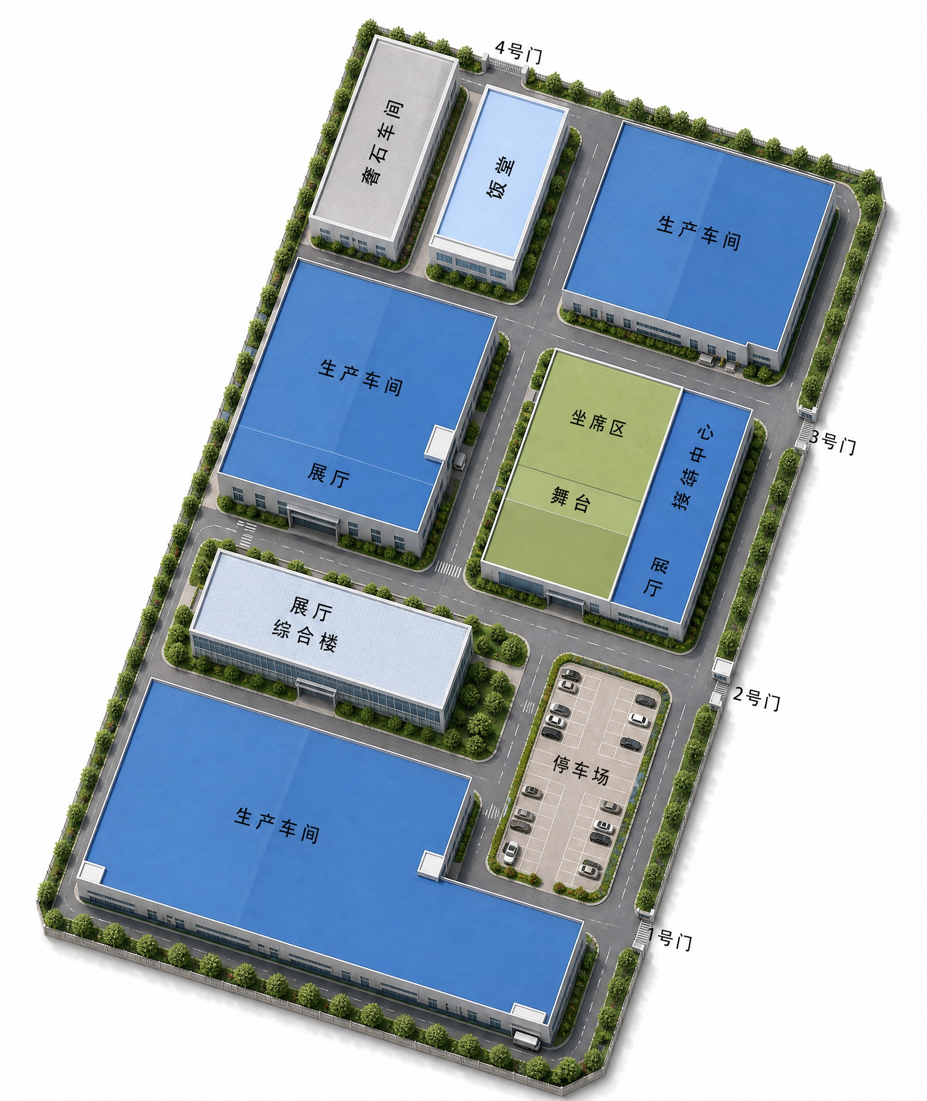 等轴测鸟瞰视角，现代化家具工厂园区3D效果图，干净纯白背景。严… - 图片创意预览