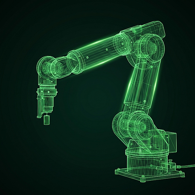 参考图1的透光线条科技效果，将图2的工业机械臂改为绿色调，呈现春天草地树木的清新绿色，保留结构的透明线框科技感风格