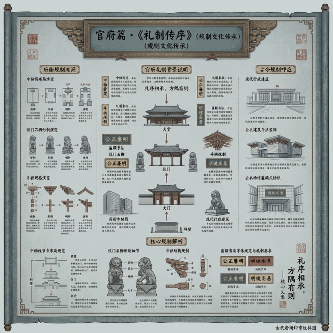 传统中式卷轴风格流程图，主题为“官府篇・《礼制传序》（规制文化传承）”。顶部雅致标题区域，标题融入斗拱纹样与匾额书法元素，凸显礼制庄重感。中央以极简线条绘制府衙经典中轴线（照壁 - 大门 - 仪门 -预览效果