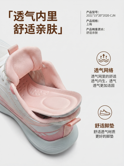 [商品详情图 8] 内里鞋垫展示
[氛围风格] 细节展示商业风
[画面元素] 商业摄影质感，光线均匀，细节清晰。打开鞋口展示运动鞋内里和鞋垫，保留原内里透气材质纹理，背景纯色干净，突出内里舒适度设计。预览效果