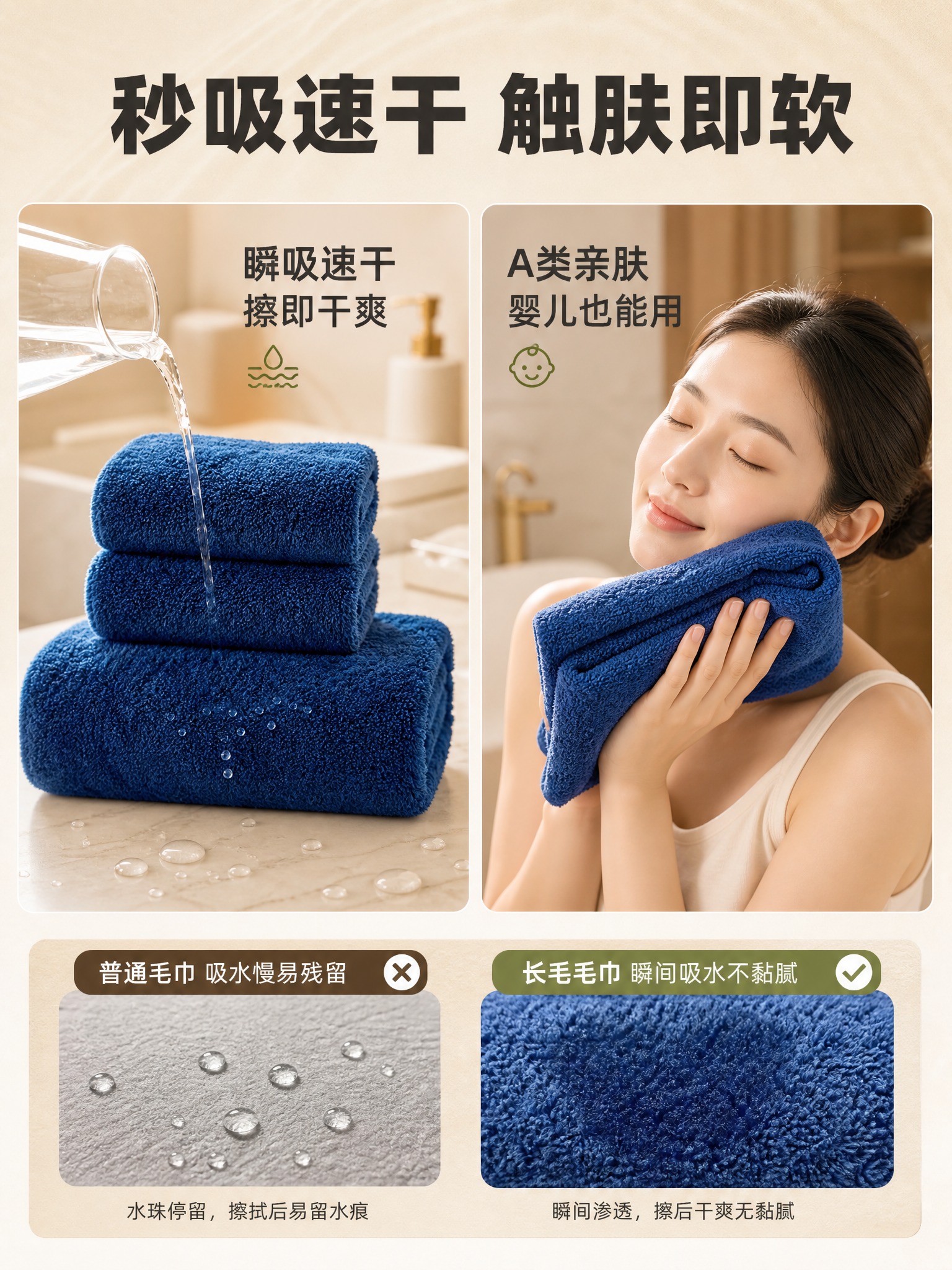 [详情页-4] 纯棉长毛毛巾吸水体验图，吸水演示+亲肤触感展示… - 图片创意预览